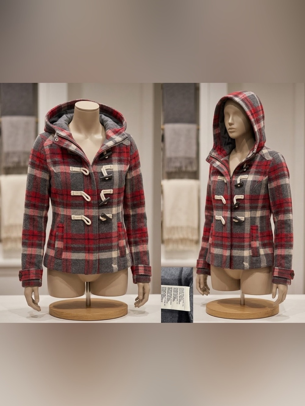 Abercrombie & Fitch kids Wool Blend Hooded Toggle Plaid Jacket